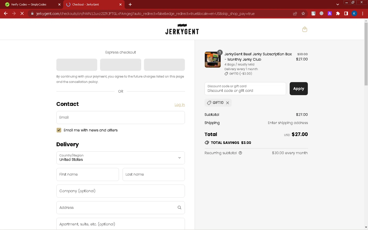 JerkyGent discount code screenshot showing code GIFT10 applied at JerkyGent checkout page. Uploaded by SimplyCodes community member Kira_1 on Jul 25, 2025
