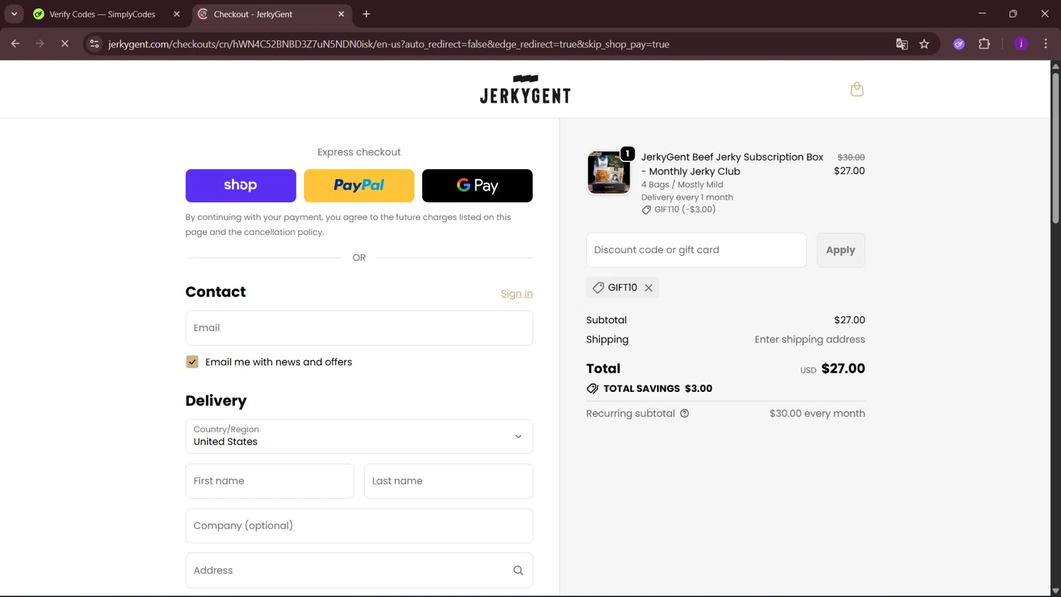 JerkyGent discount code screenshot showing code GIFT10 applied at JerkyGent checkout page. Uploaded by SimplyCodes community member MagnificentSleuth912 on Oct 16, 2025