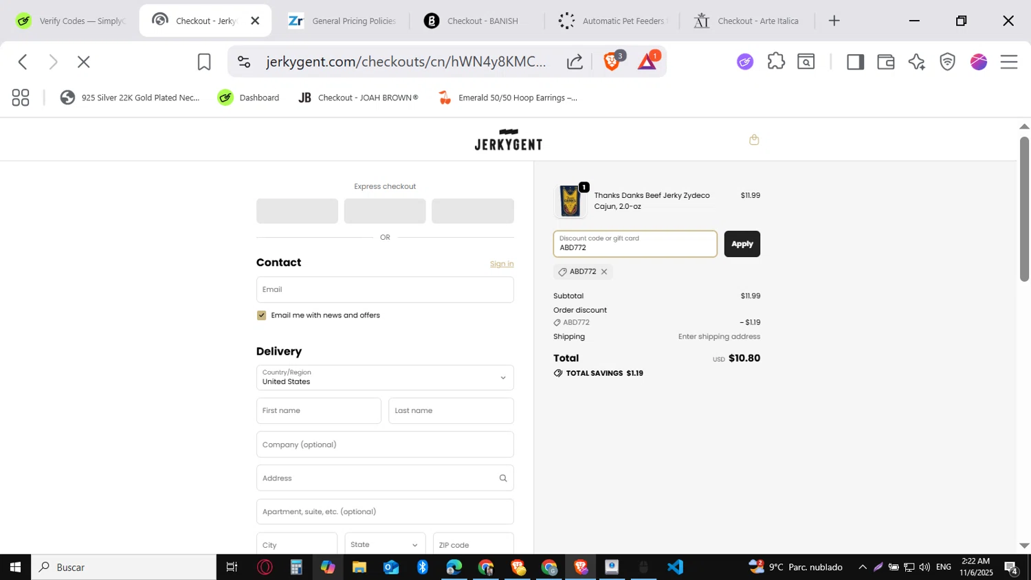 JerkyGent discount code screenshot showing code ABD772 applied at JerkyGent checkout page. Uploaded by SimplyCodes community member SavingsVirtuoso1883 on Nov 6, 2025