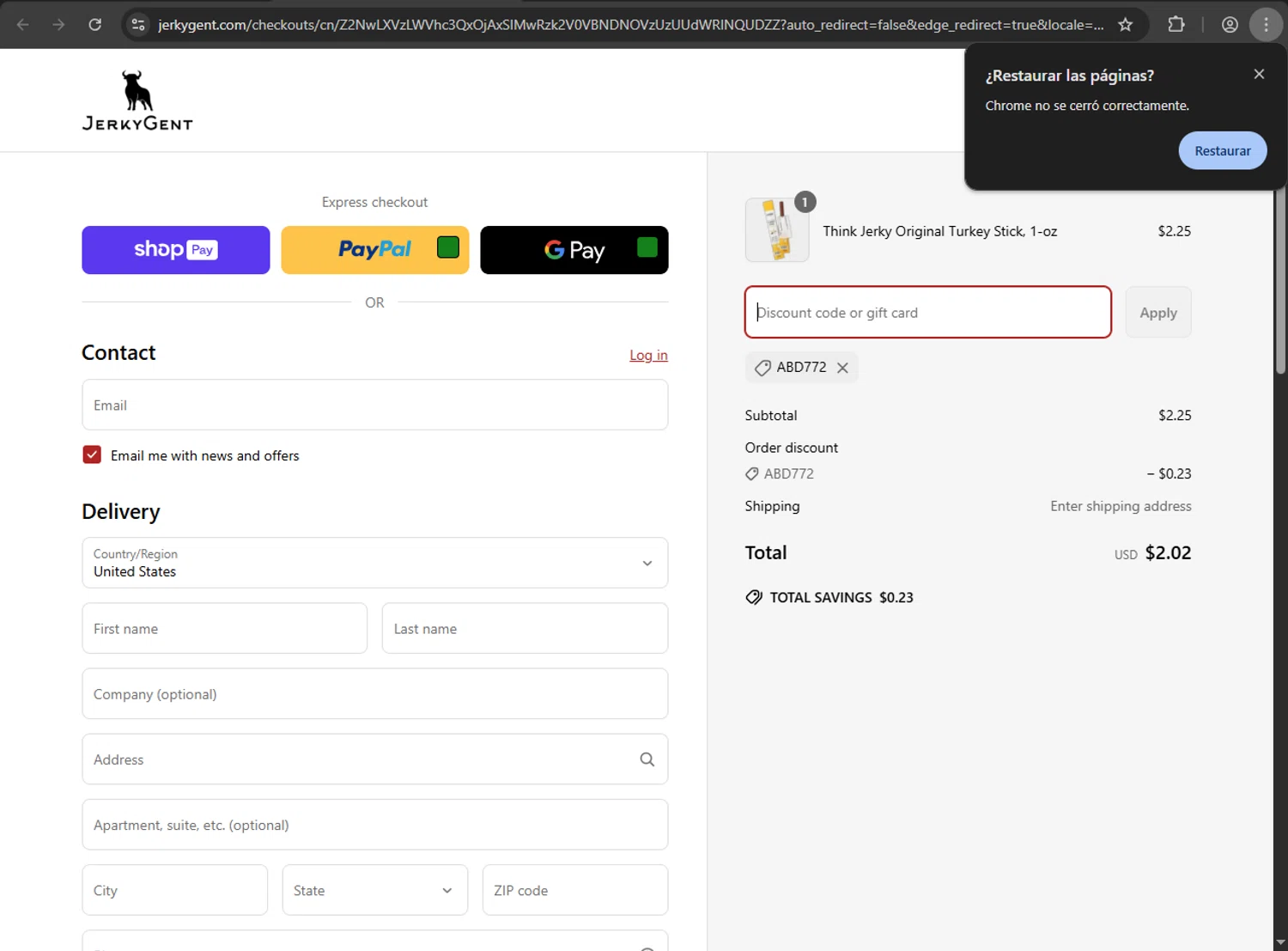 JerkyGent discount code screenshot showing code ABD772 applied at JerkyGent checkout page. Uploaded by SimplyCodes community member Scrooge on Apr 16, 2025