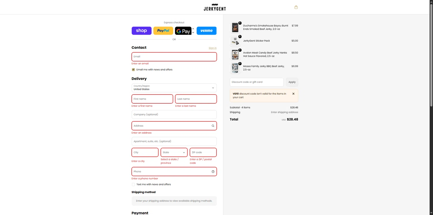 JerkyGent checkout page showing JerkyGent discount code box | Screenshot taken by SimplyCodes community member on Feb 2, 2026