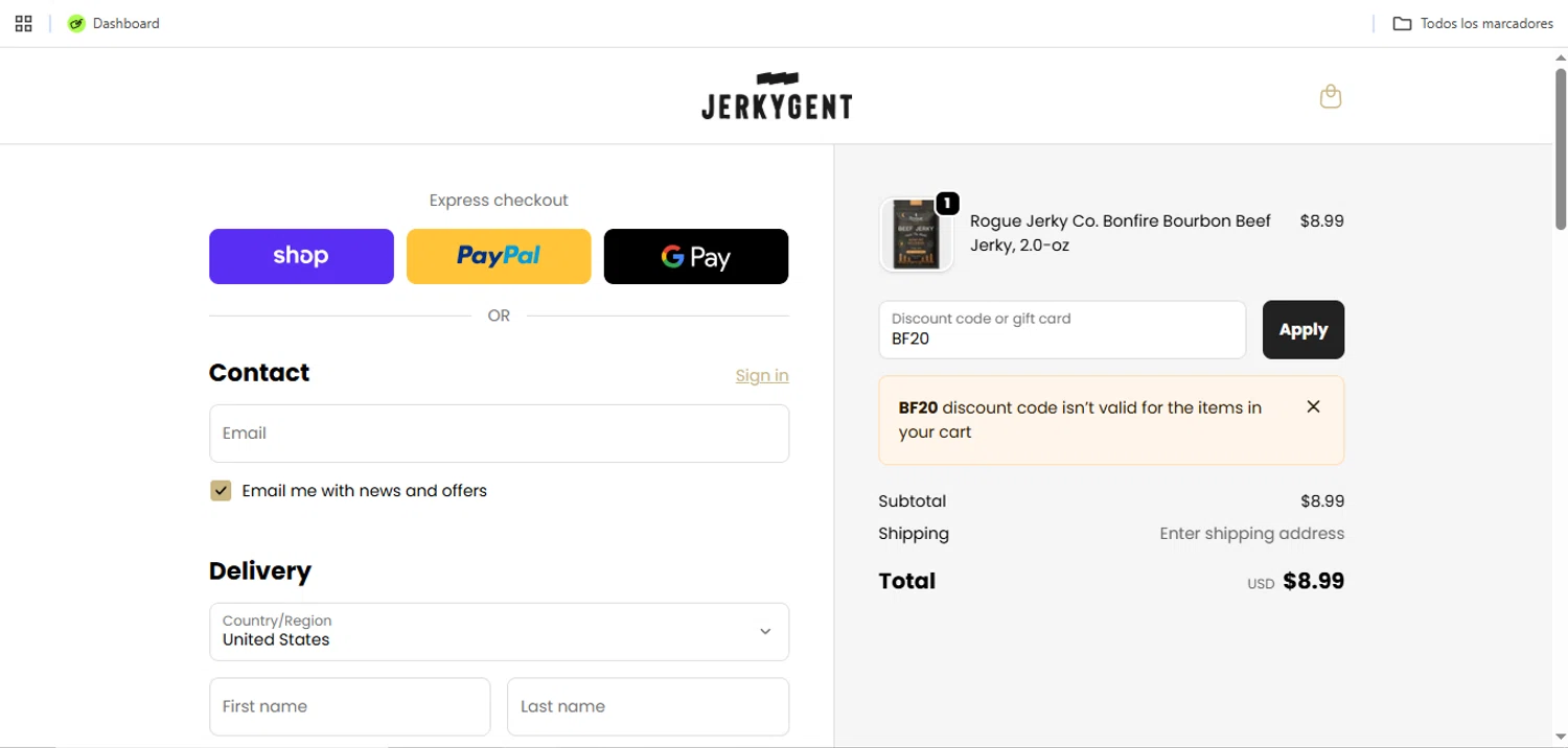 JerkyGent discount code screenshot showing code BF20 applied at JerkyGent checkout page. Uploaded by SimplyCodes community member Speedy on Nov 28, 2025