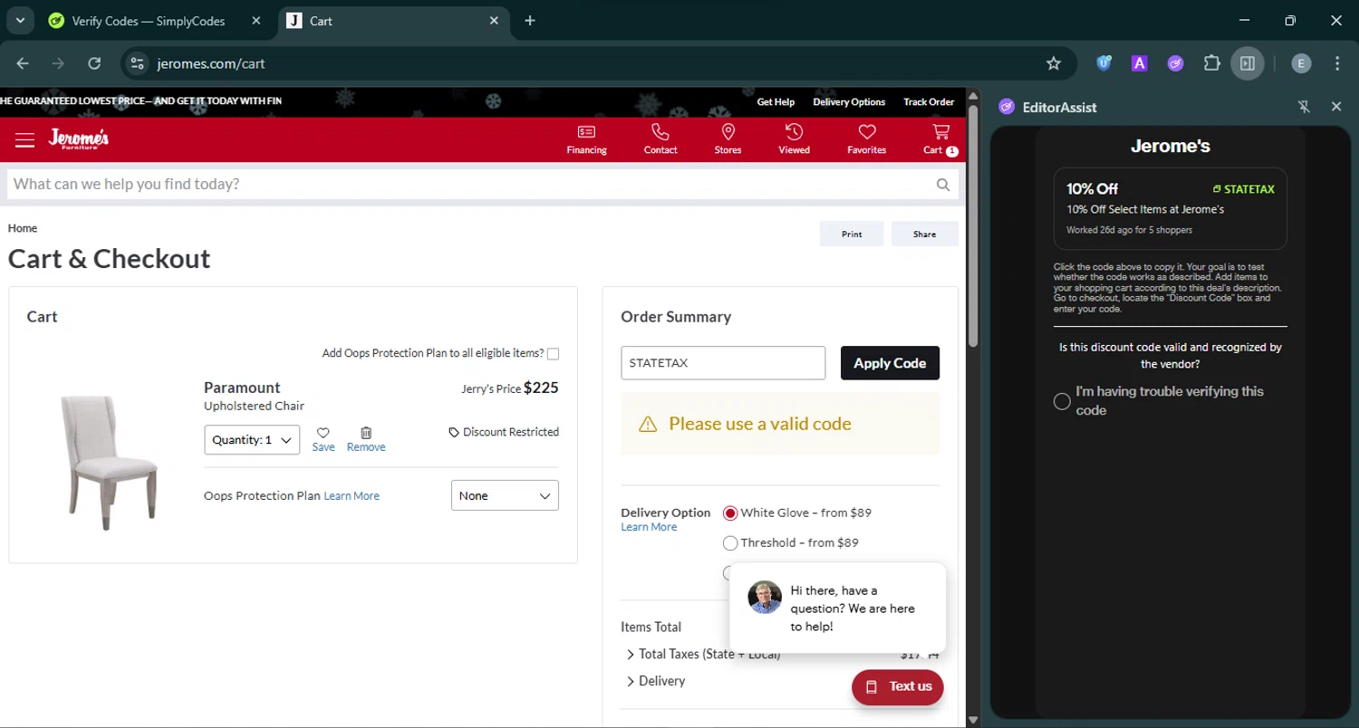 Jerome's discount code screenshot showing code STATETAX applied at Jerome's checkout page. Uploaded by SimplyCodes community member ExtraordinaryMonarch4598 on Dec 21, 2025