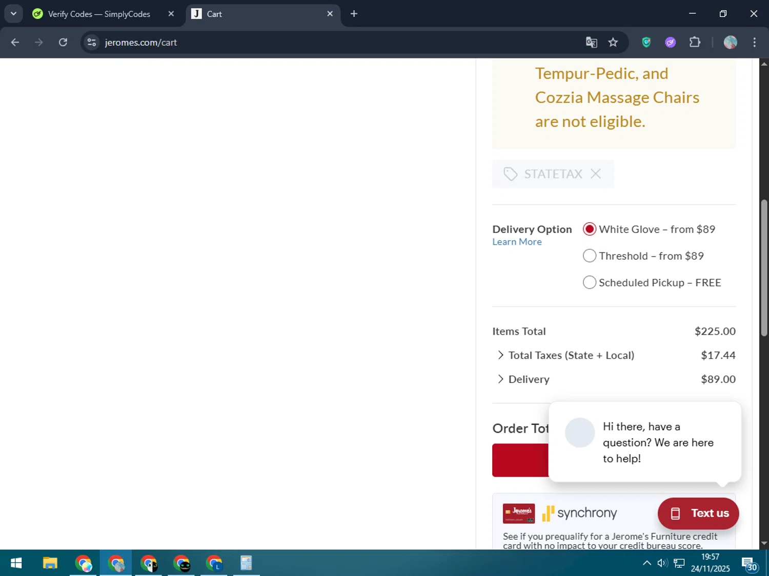 Jerome's discount code screenshot showing code STATETAX applied at Jerome's checkout page. Uploaded by SimplyCodes community member LegendaryPro7106 on Nov 24, 2025