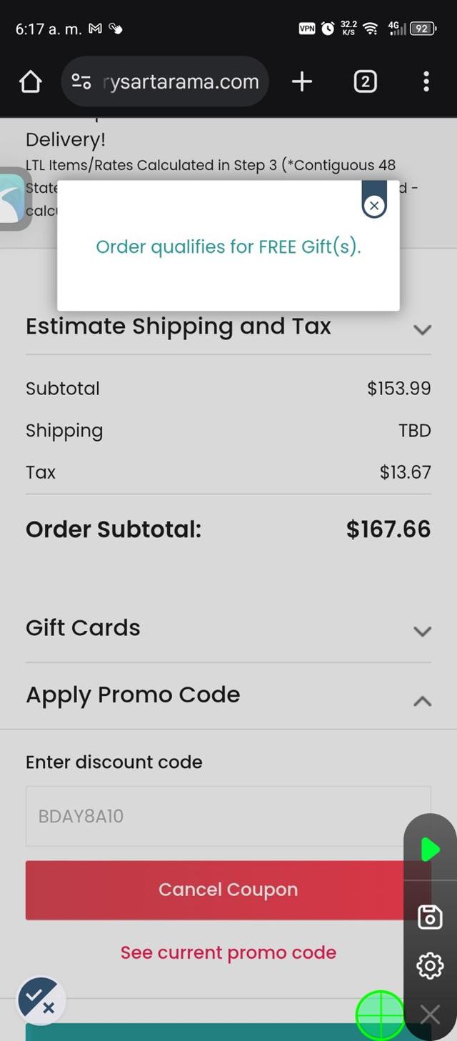Jerry's Artarama checkout page showing Jerry's Artarama discount code box | Screenshot taken by SimplyCodes community member on Mar 27, 2025