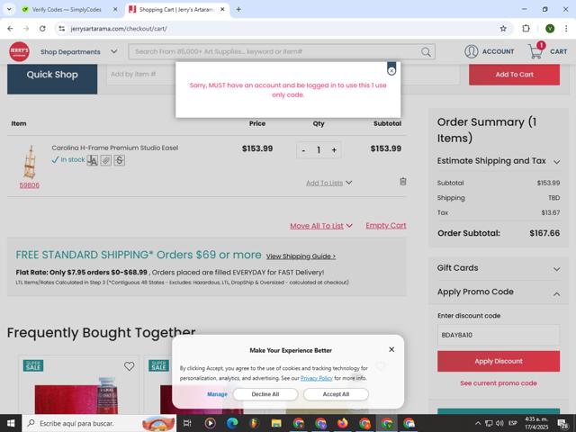 Jerry's Artarama checkout page showing Jerry's Artarama discount code box | Screenshot taken by SimplyCodes community member on Apr 17, 2025