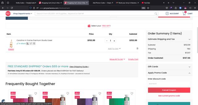 Jerry's Artarama checkout page showing Jerry's Artarama discount code box | Screenshot taken by SimplyCodes community member on Mar 27, 2025