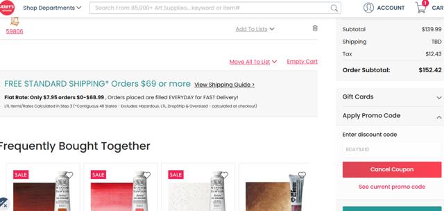 Jerry's Artarama checkout page showing Jerry's Artarama discount code box | Screenshot taken by SimplyCodes community member on Apr 5, 2025