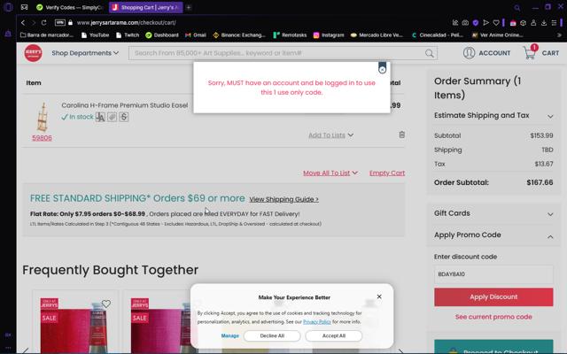 Jerry's Artarama checkout page showing Jerry's Artarama discount code box | Screenshot taken by SimplyCodes community member on Mar 27, 2025