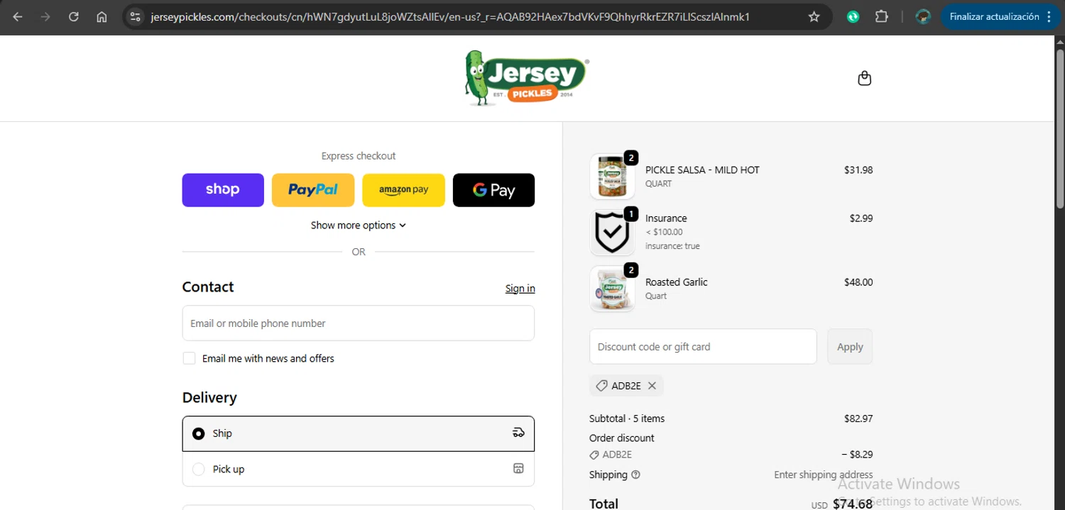 Jersey Pickles checkout page showing Jersey Pickles discount code box | Screenshot taken by SimplyCodes community member on Feb 4, 2026