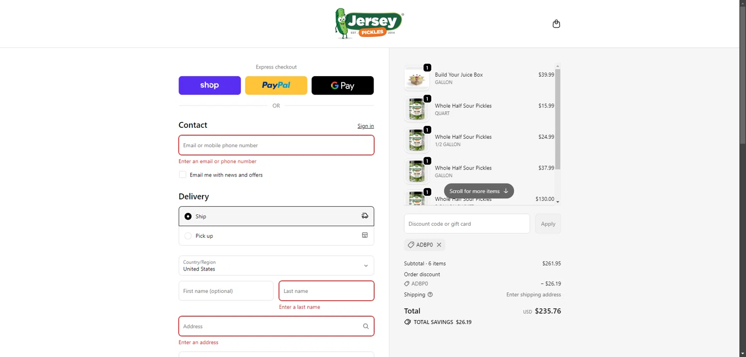 Jersey Pickles checkout page showing Jersey Pickles discount code box | Screenshot taken by SimplyCodes community member on Feb 5, 2026