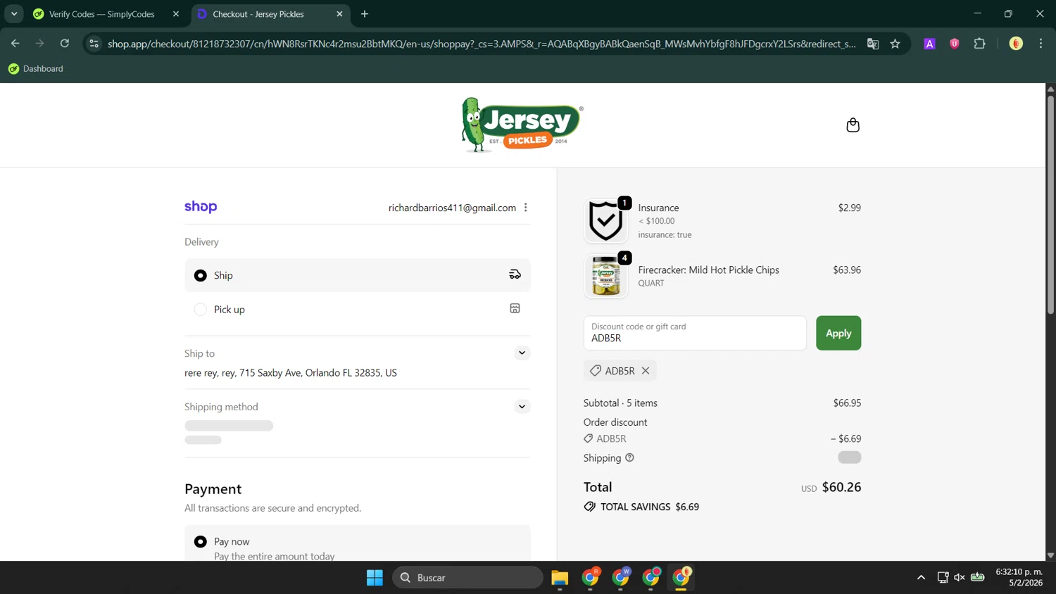 Jersey Pickles checkout page showing Jersey Pickles discount code box | Screenshot taken by SimplyCodes community member on Feb 5, 2026