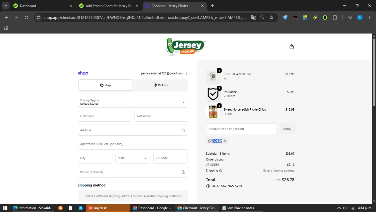 Jersey Pickles promo code screenshot showing code ADEE9 applied at Jersey Pickles checkout page. Uploaded by SimplyCodes community member MAVESA on Jun 16, 2026