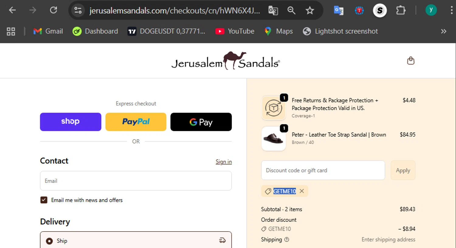 Jerusalem Sandals discount code screenshot showing code GETME10 applied at Jerusalem Sandals checkout page. Uploaded by SimplyCodes community member 502312 on Dec 17, 2025