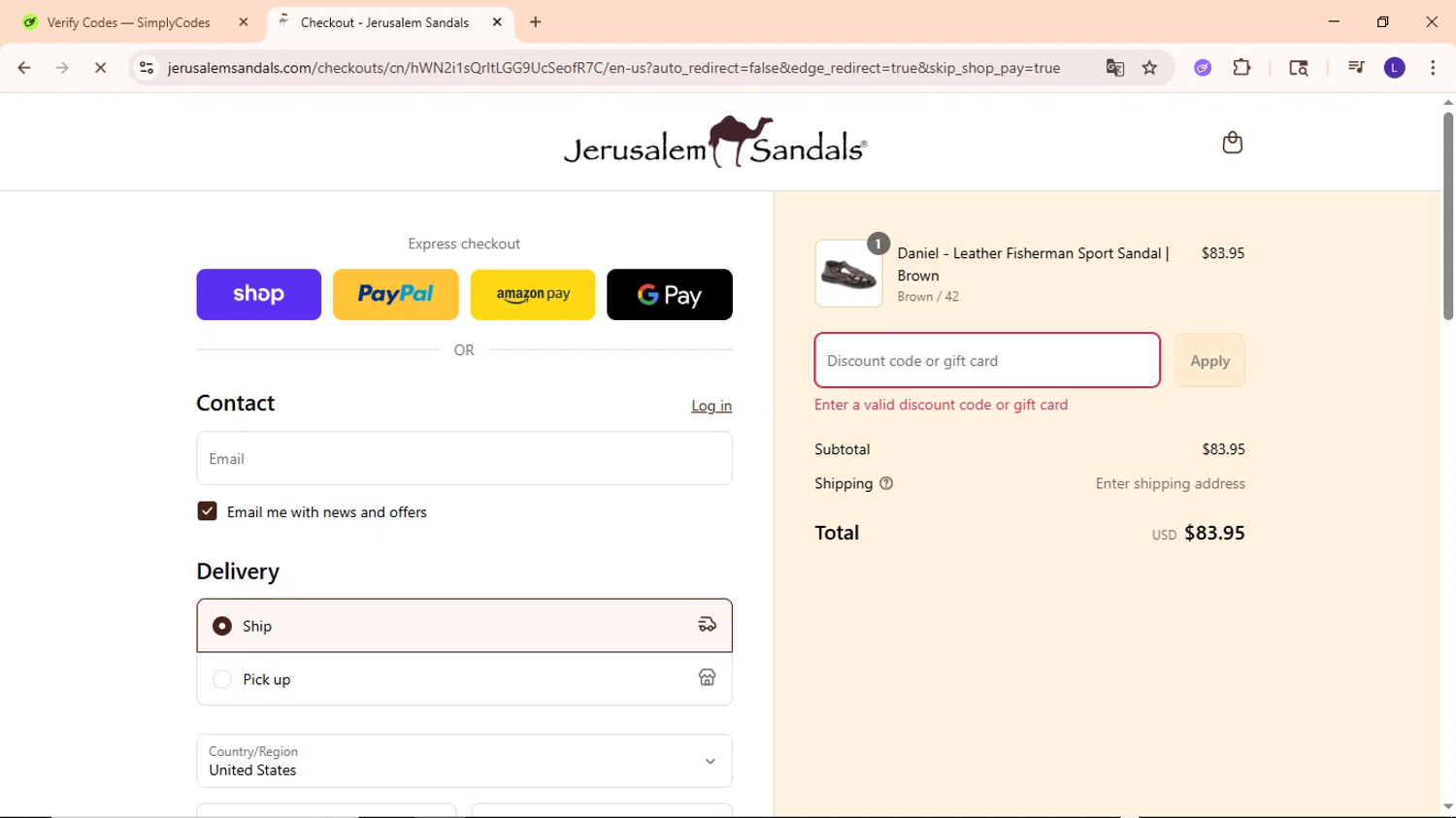 Jerusalem Sandals discount code screenshot showing code GET10 applied at Jerusalem Sandals checkout page. Uploaded by SimplyCodes community member EpicWarden3081 on Sep 7, 2025