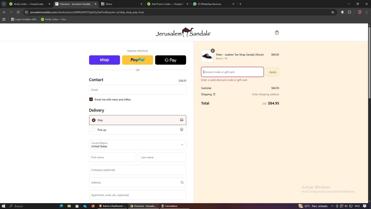Jerusalem Sandals discount code screenshot showing code GET10 applied at Jerusalem Sandals checkout page. Uploaded by SimplyCodes community member RebateHawk1800 on Sep 7, 2025