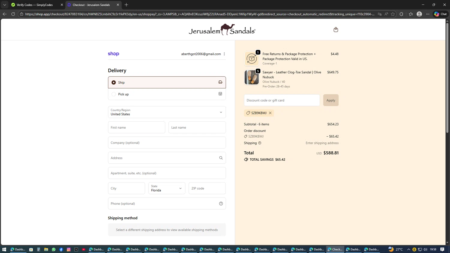Jerusalem Sandals discount code screenshot showing code SZB9KBMJ applied at Jerusalem Sandals checkout page. Uploaded by SimplyCodes community member Kaizen on Feb 8, 2026