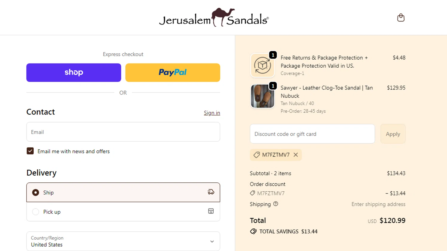 Jerusalem Sandals discount code screenshot showing code M7FZTMV7 applied at Jerusalem Sandals checkout page. Uploaded by SimplyCodes community member RonaldAcunaJr on Feb 8, 2026