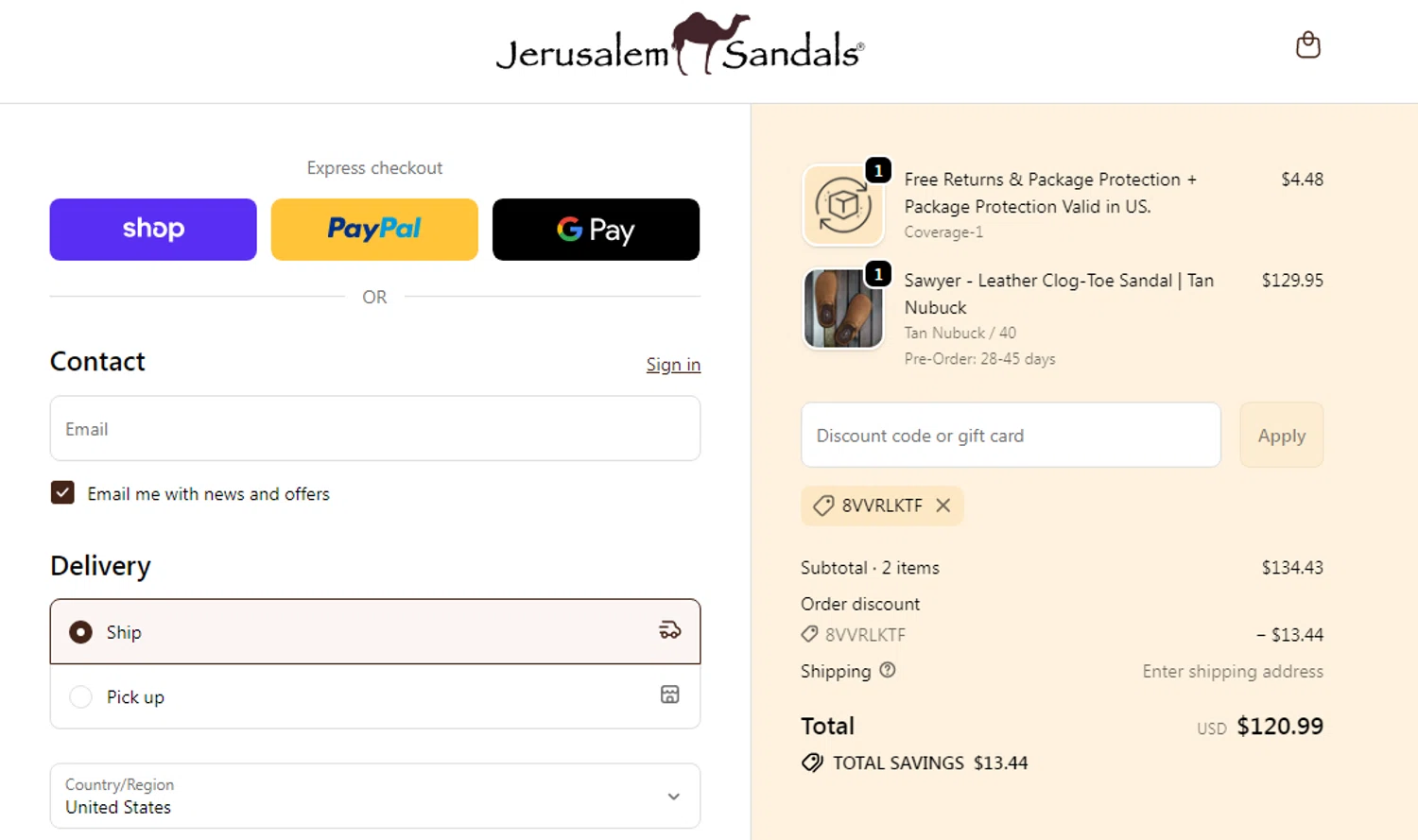 Jerusalem Sandals discount code screenshot showing code 8VVRLKTF applied at Jerusalem Sandals checkout page. Uploaded by SimplyCodes community member RonaldAcunaJr on Feb 10, 2026