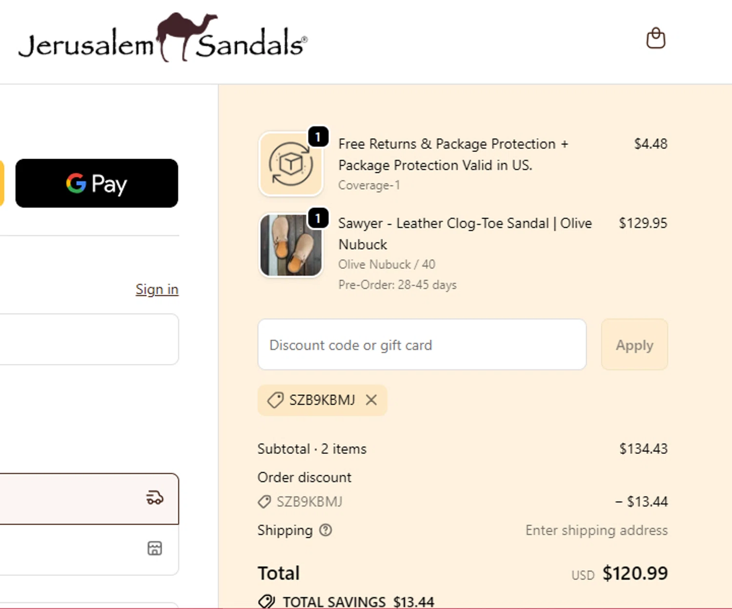 Jerusalem Sandals discount code screenshot showing code SZB9KBMJ applied at Jerusalem Sandals checkout page. Uploaded by SimplyCodes community member SilverMakeup on Feb 8, 2026