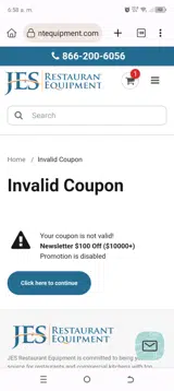Jes Restaurant Equipment coupon verification screenshot