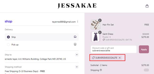 JessaKae checkout page showing JessaKae discount code box | Screenshot taken by SimplyCodes community member on Sep 11, 2025