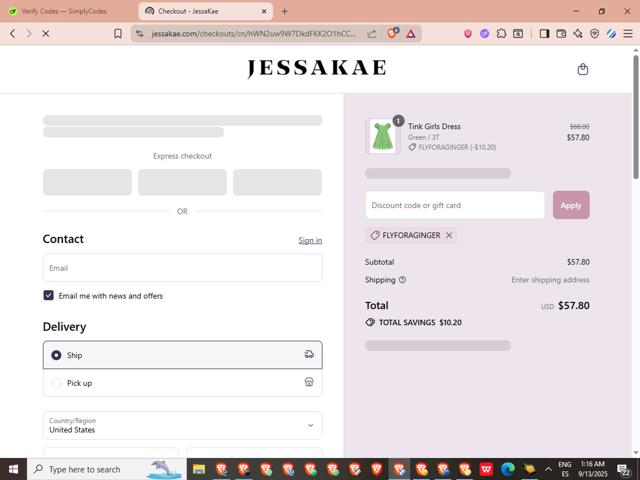JessaKae checkout page showing JessaKae discount code box | Screenshot taken by SimplyCodes community member on Sep 13, 2025