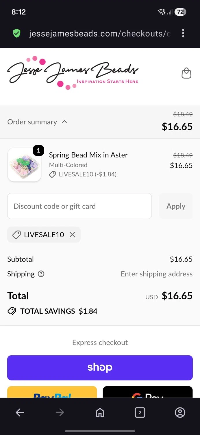 Jesse James Beads promo code screenshot showing code Livesale10 applied at Jesse James Beads checkout page. Uploaded by SimplyCodes community member BB9542251456527 on Jun 5, 2026