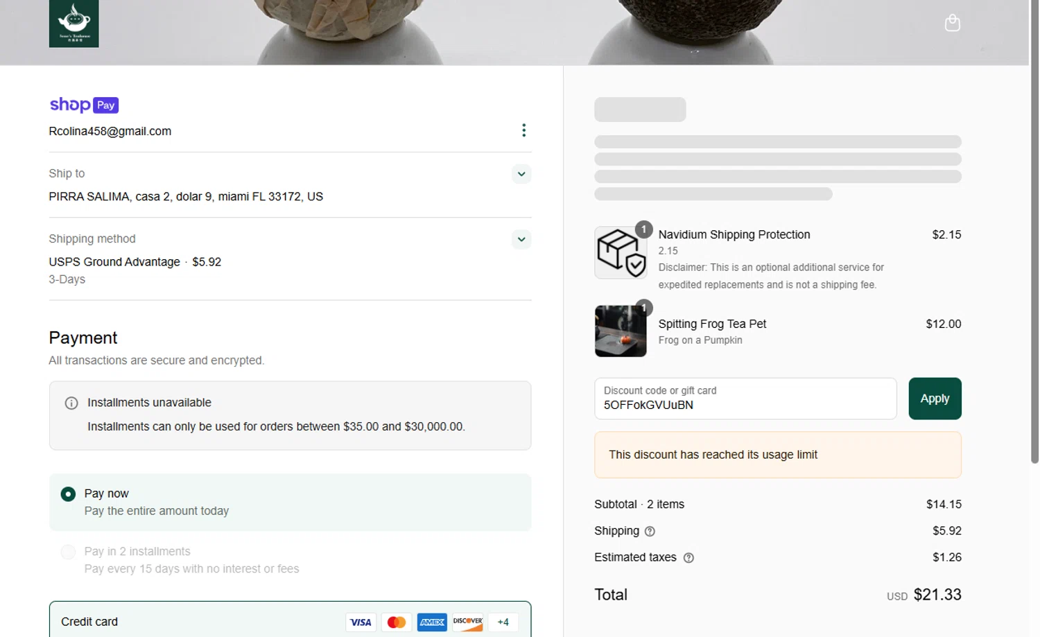 Jesse's Teahouse discount code screenshot showing code 5OFFokGVUuBN applied at Jesse's Teahouse checkout page. Uploaded by SimplyCodes community member Acidwire on May 30, 2025