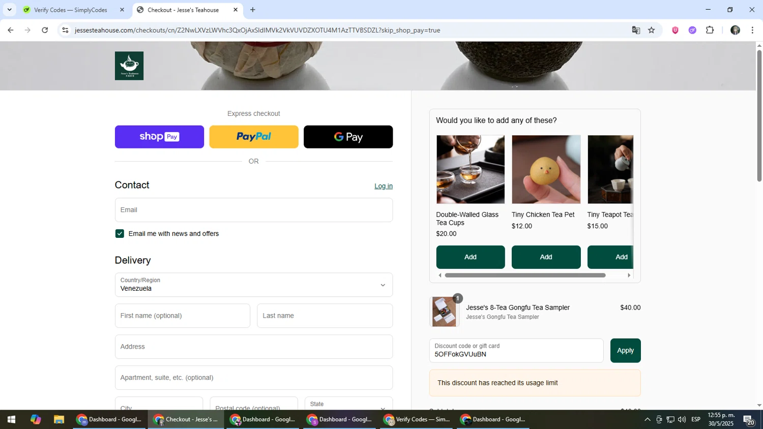 Jesse's Teahouse discount code screenshot showing code 5OFFokGVUuBN applied at Jesse's Teahouse checkout page. Uploaded by SimplyCodes community member CleverLynx6871 on May 30, 2025