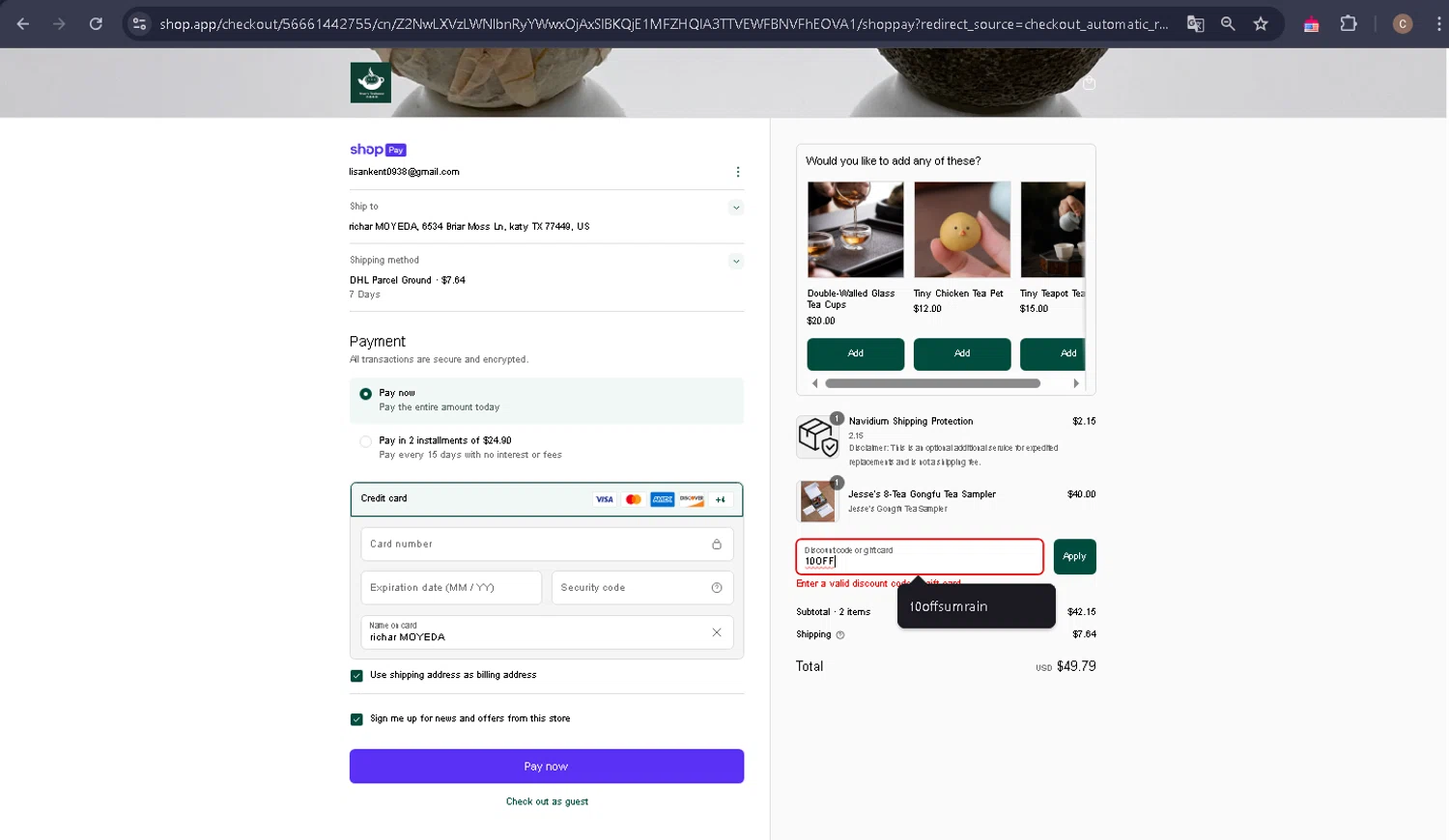 Jesse's Teahouse discount code screenshot showing code 10OFF applied at Jesse's Teahouse checkout page. Uploaded by SimplyCodes community member carlosra07 on Mar 17, 2025