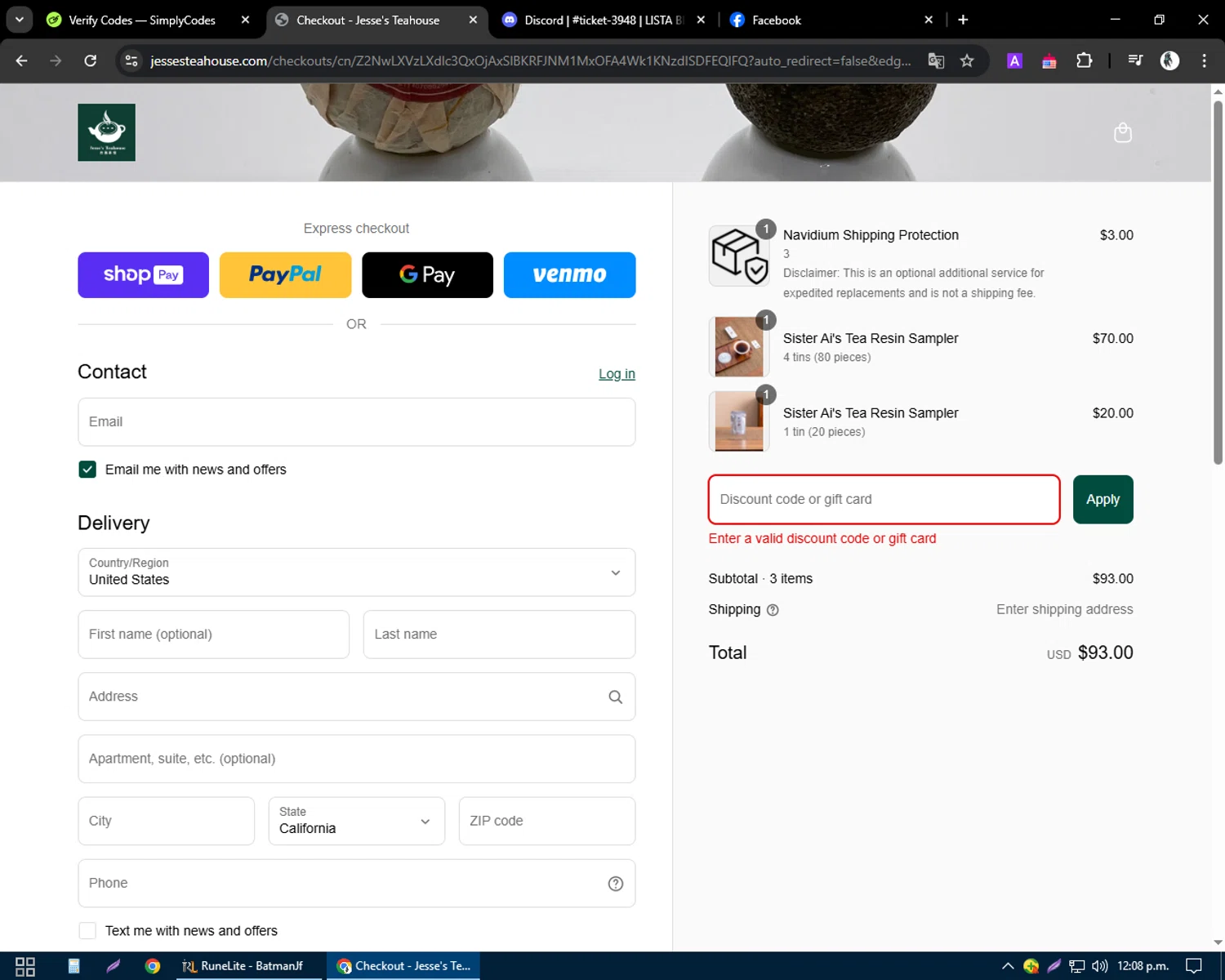 Jesse's Teahouse discount code screenshot showing code 10OFF applied at Jesse's Teahouse checkout page. Uploaded by SimplyCodes community member CleverSentinel9441 on Mar 17, 2025