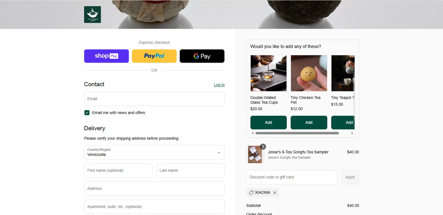 Jesse's Teahouse discount code screenshot showing code XIAOMA applied at Jesse's Teahouse checkout page. Uploaded by SimplyCodes community member kalltrom21 on Jul 1, 2025