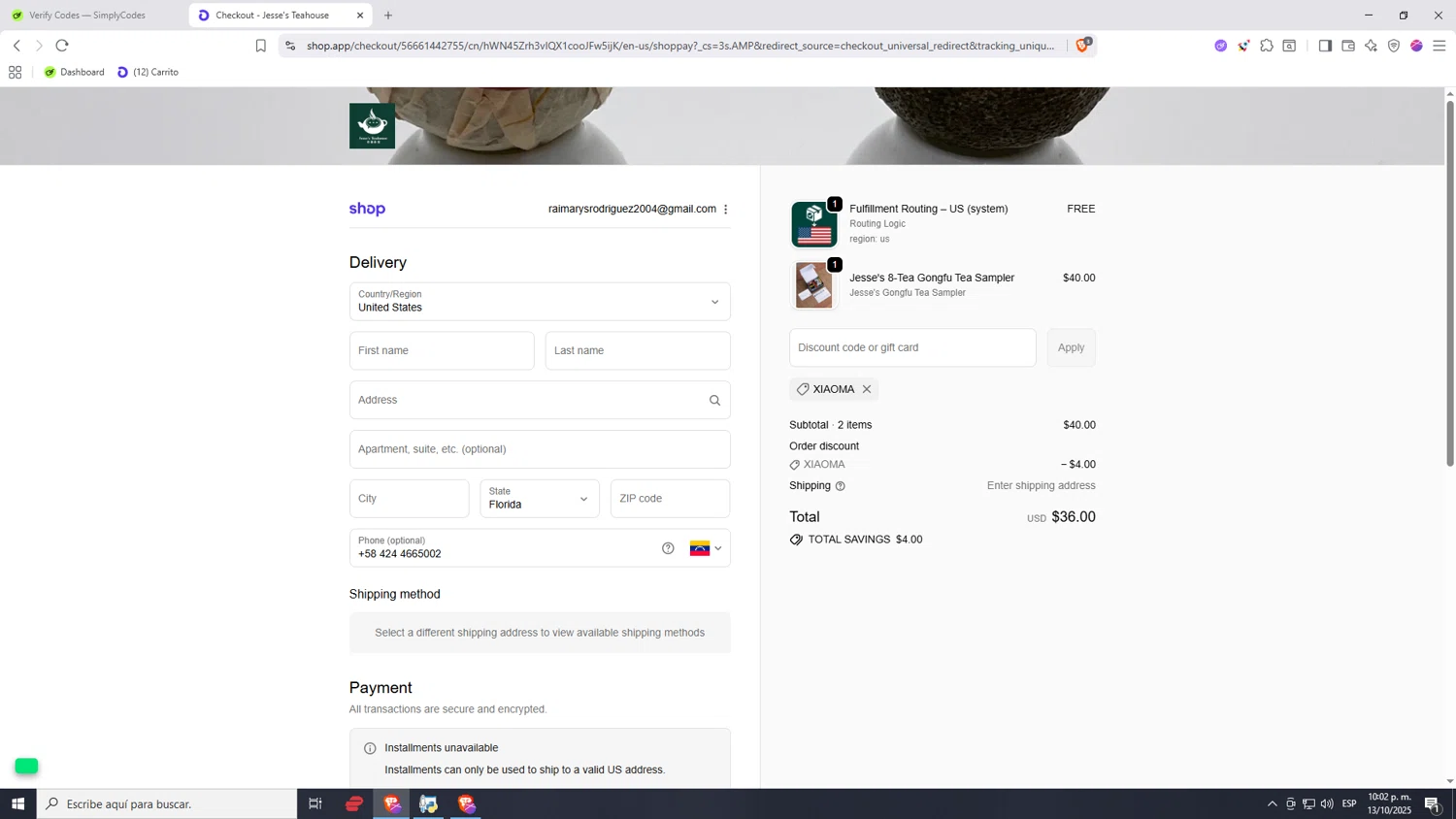 Jesse's Teahouse discount code screenshot showing code XIAOMA applied at Jesse's Teahouse checkout page. Uploaded by SimplyCodes community member Nezukooo on Oct 14, 2025