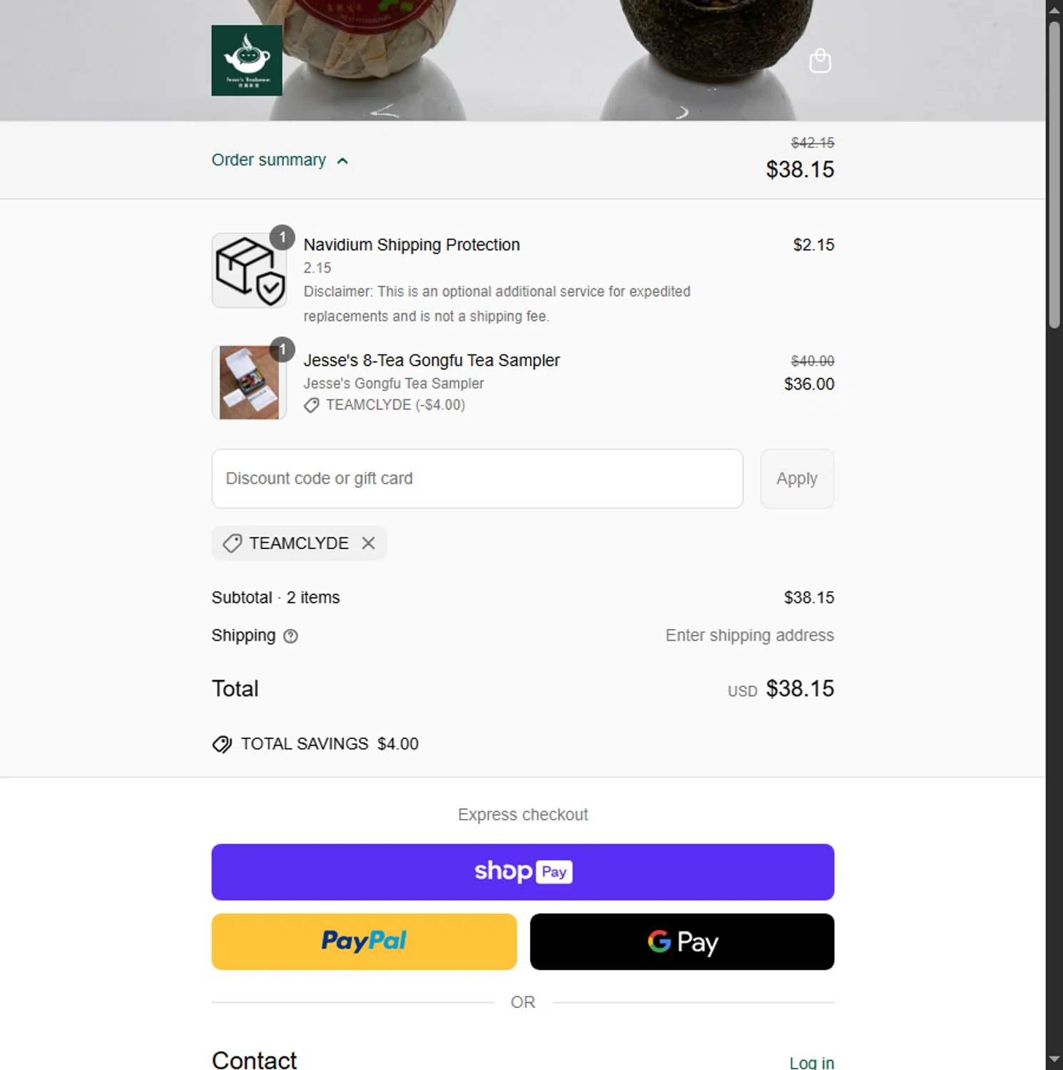 Jesse's Teahouse discount code screenshot showing code TEAMCLYDE applied at Jesse's Teahouse checkout page. Uploaded by SimplyCodes community member Beaaalmera on Jun 3, 2025