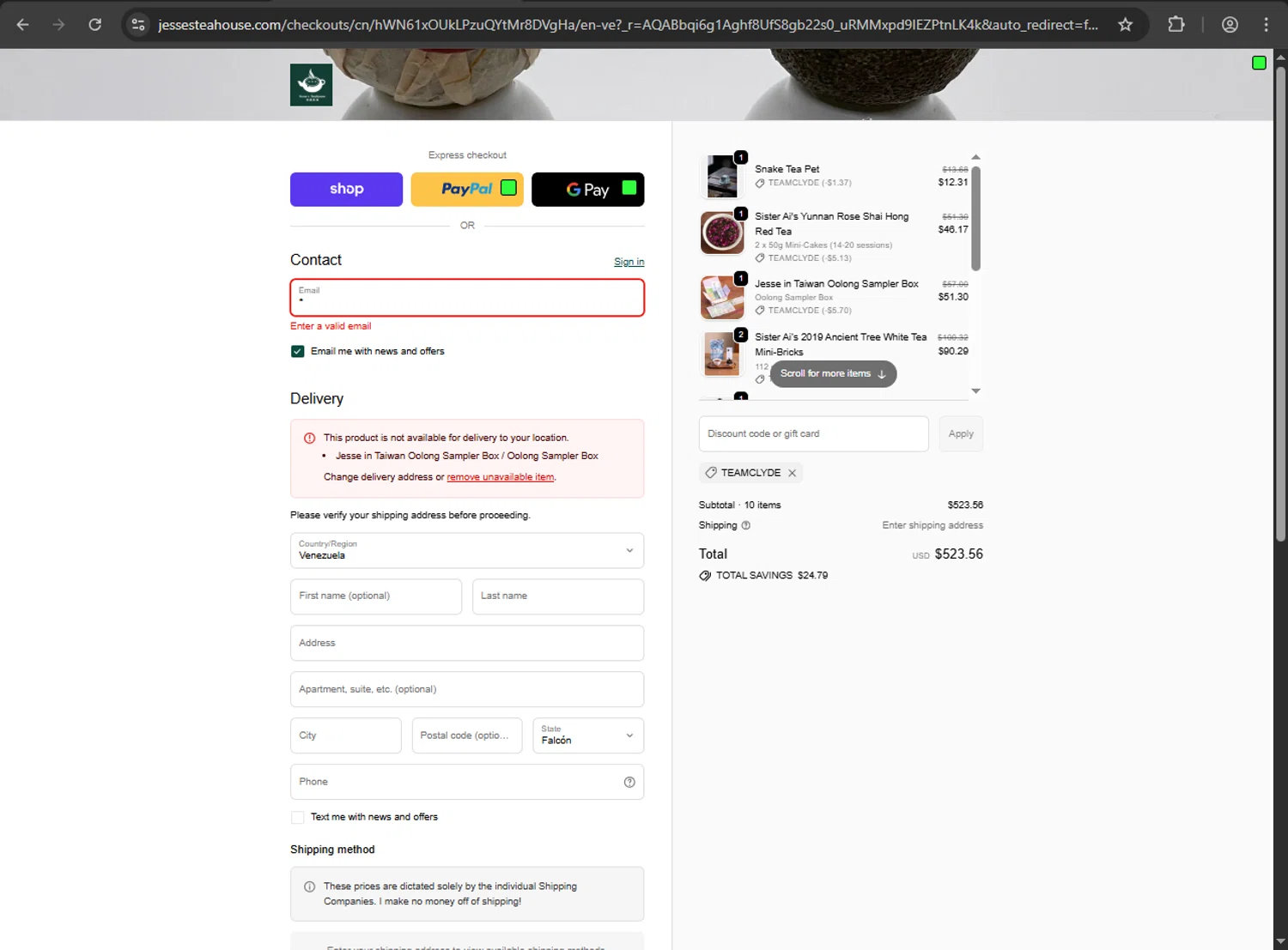 Jesse's Teahouse discount code screenshot showing code TEAMCLYDE applied at Jesse's Teahouse checkout page. Uploaded by SimplyCodes community member Jeremi on Dec 4, 2025