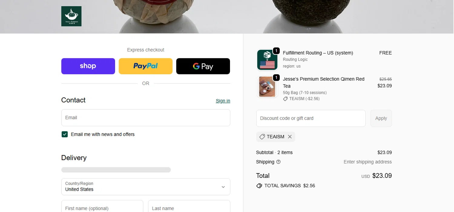Jesse's Teahouse discount code screenshot showing code TEAISM applied at Jesse's Teahouse checkout page. Uploaded by SimplyCodes community member CashAce9852 on Nov 13, 2025