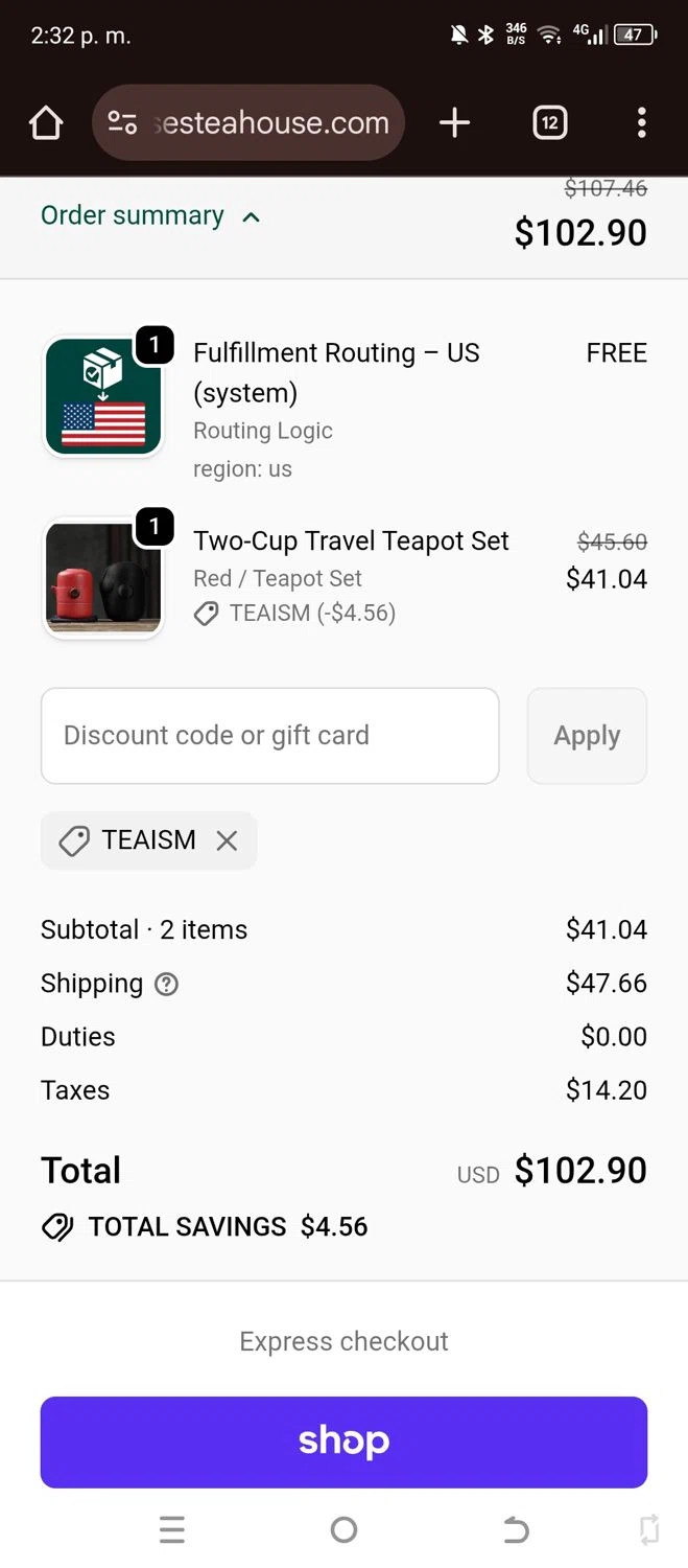 Jesse's Teahouse discount code screenshot showing code TEAISM applied at Jesse's Teahouse checkout page. Uploaded by SimplyCodes community member annehathaway on Dec 9, 2025