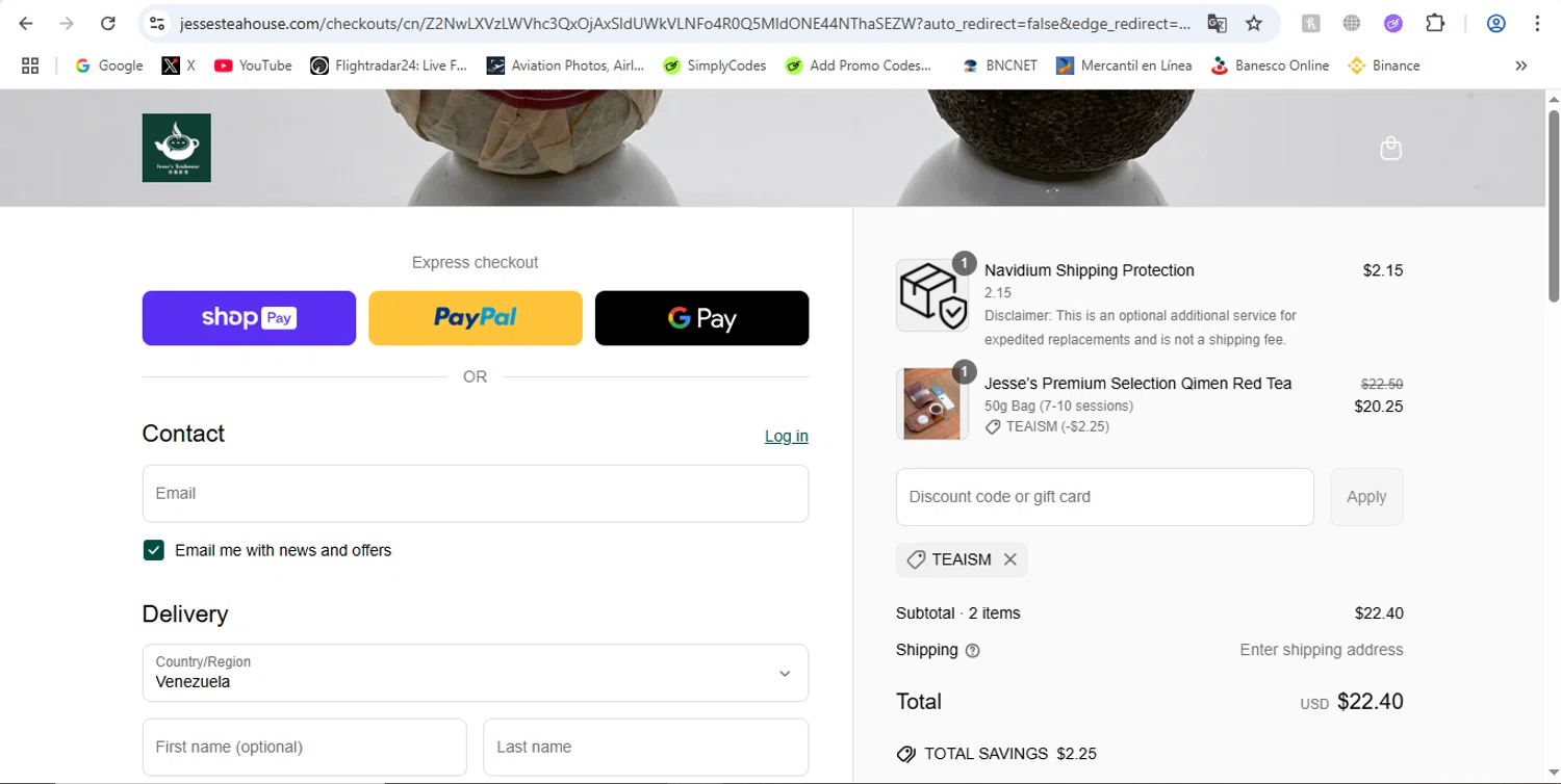 Jesse's Teahouse discount code screenshot showing code TEAISM applied at Jesse's Teahouse checkout page. Uploaded by SimplyCodes community member victor on Jun 3, 2025