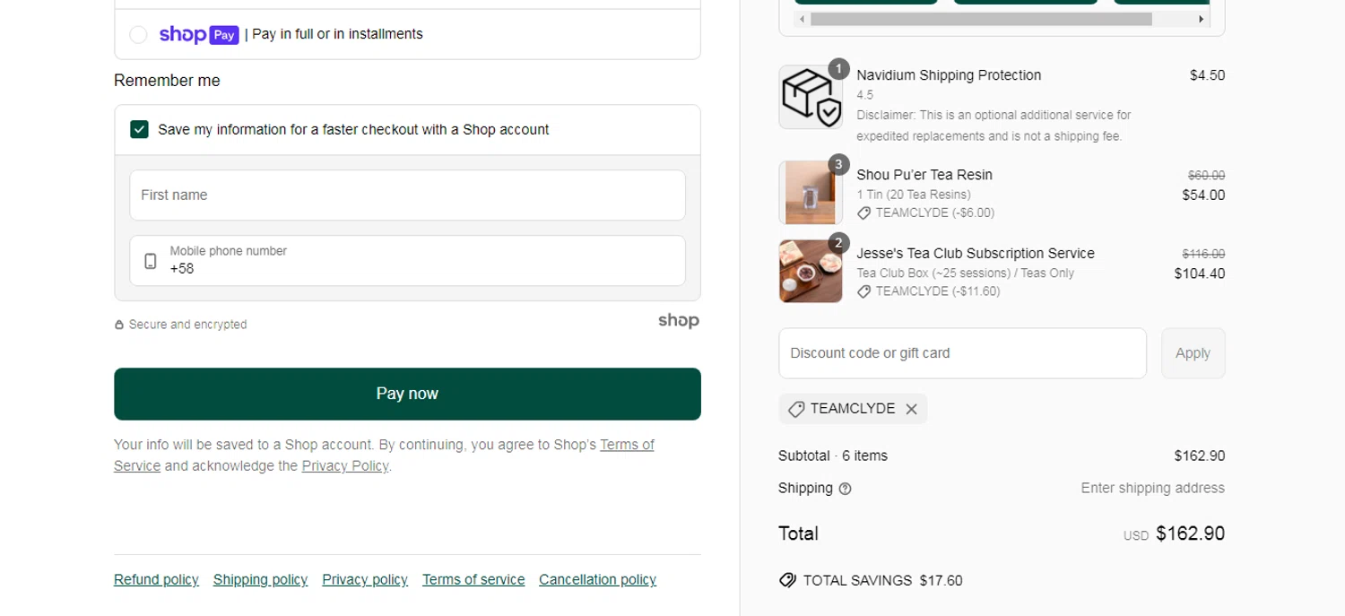 Jesse's Teahouse discount code screenshot showing code TEAMCLYDE applied at Jesse's Teahouse checkout page. Uploaded by SimplyCodes community member yilmamalave on May 2, 2025