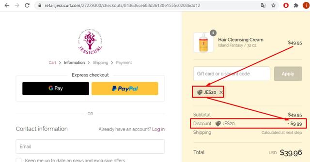 Jessicurl checkout page showing Jessicurl discount code box | Screenshot taken by SimplyCodes community member on Nov 1, 2020
