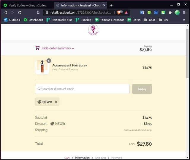 Jessicurl checkout page showing Jessicurl discount code box | Screenshot taken by SimplyCodes community member on May 13, 2021