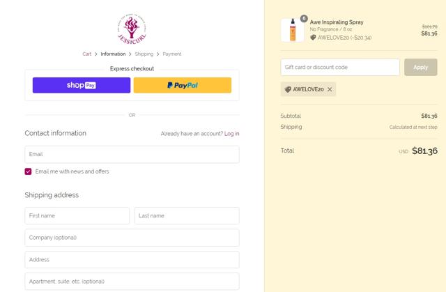 Jessicurl checkout page showing Jessicurl discount code box | Screenshot taken by SimplyCodes community member on Jan 30, 2022