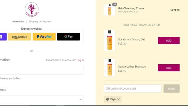 Jessicurl checkout page showing Jessicurl discount code box | Screenshot taken by SimplyCodes community member on Aug 14, 2022