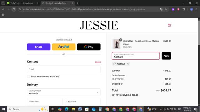 Jessie Boutique checkout page showing Jessie Boutique promo code box | Screenshot taken by SimplyCodes community member on Sep 9, 2025
