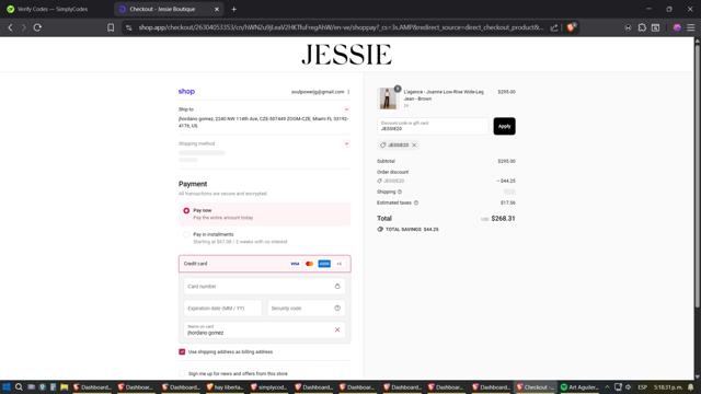 Jessie Boutique checkout page showing Jessie Boutique promo code box | Screenshot taken by SimplyCodes community member on Sep 12, 2025