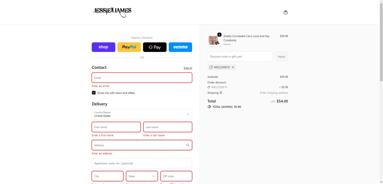 Jessie James Handbags checkout page showing Jessie James Handbags promo code box | Screenshot taken by SimplyCodes community member on Dec 23, 2025