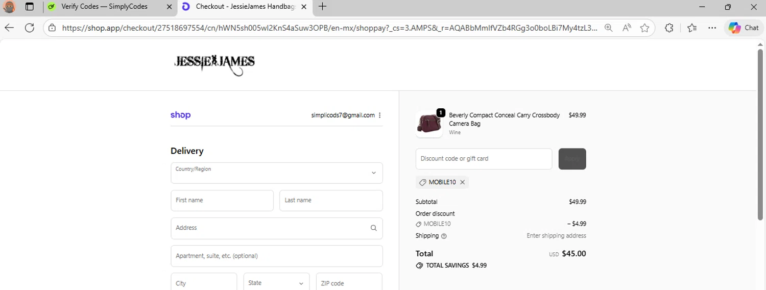 Jessie James Handbags promo code screenshot showing code MOBILE10 applied at Jessie James Handbags checkout page. Uploaded by SimplyCodes community member CrownPilot9171 on Nov 30, 2025