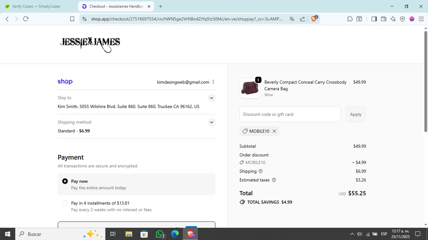 Jessie James Handbags promo code screenshot showing code MOBILE10 applied at Jessie James Handbags checkout page. Uploaded by SimplyCodes community member Kim_michi on Nov 25, 2025