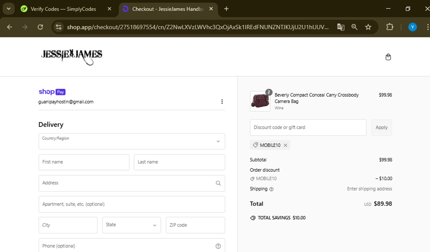 Jessie James Handbags promo code screenshot showing code MOBILE10 applied at Jessie James Handbags checkout page. Uploaded by SimplyCodes community member eltotiiiiiii on Feb 20, 2025